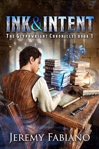 Book cover of Ink and Intent by Jeremy Fabiano, book one of The Glyphwright Chronicles series. A young man sits with his back to the viewer at a wooden desk, writing on a scroll by candlelight, surrounded by stacked books. Blue magical smoke rises from one of the books, and a dagger rests on the desk beside him, set in a warm, stone-walled chamber.