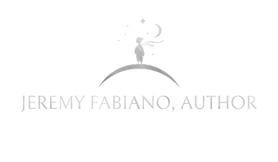 Jeremy Fabiano - Logo - Silver - Transparent Logo for Jeremy Fabiano, Author — a silhouette of a figure standing on a hill looking toward a crescent moon and stars, with the tagline "unbounded creation" beneath the name.