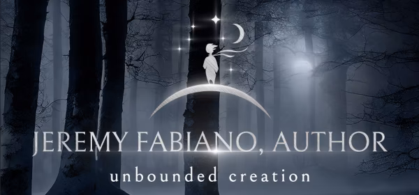Logo for Jeremy Fabiano, Author — a silhouette of a figure standing on a hill looking toward a crescent moon and stars, with the tagline "unbounded creation" beneath the name.